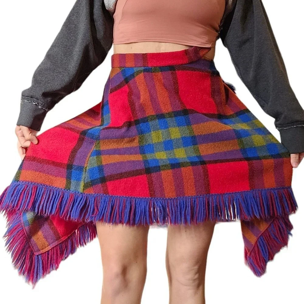 70s Pioneerwear Womens XS Wool Plaid Skirt Fringe Assymetrical Red‎ Blue Boho